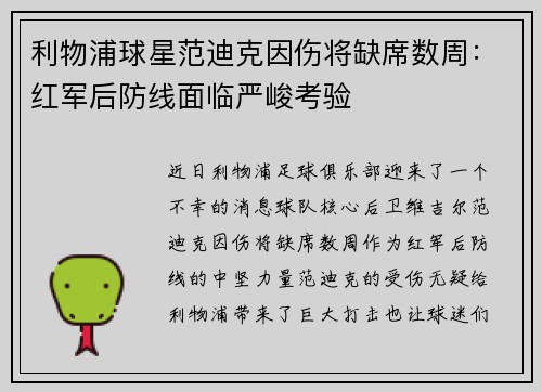 利物浦球星范迪克因伤将缺席数周：红军后防线面临严峻考验