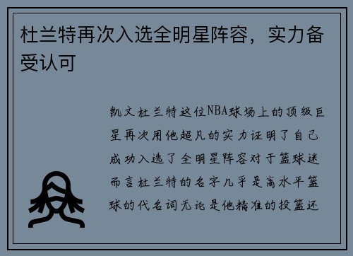 杜兰特再次入选全明星阵容，实力备受认可